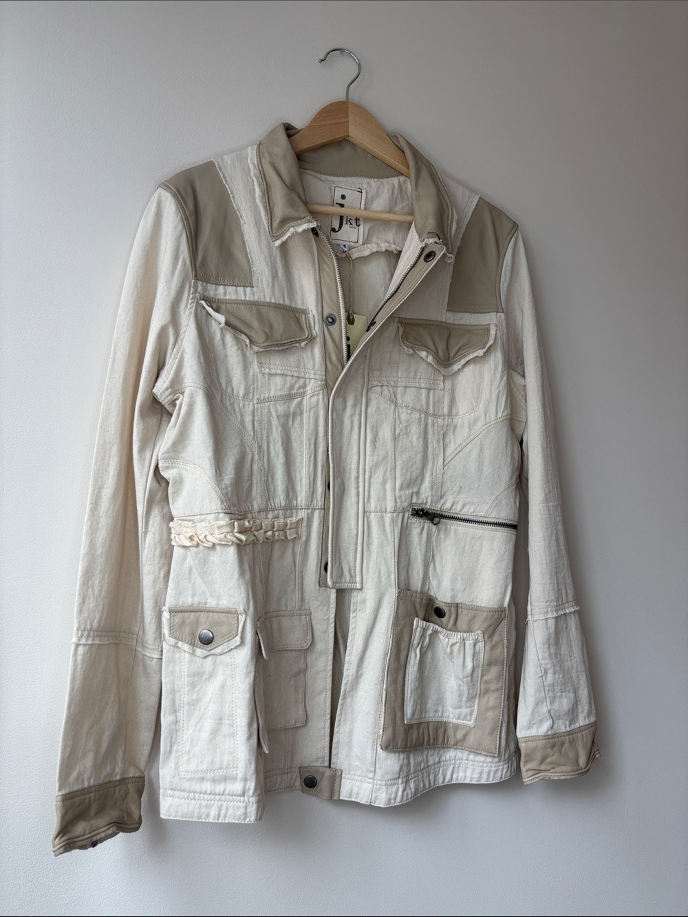 Cream Tan Patchwork Leather Trim Utility Jacket - Picture 2 of 9